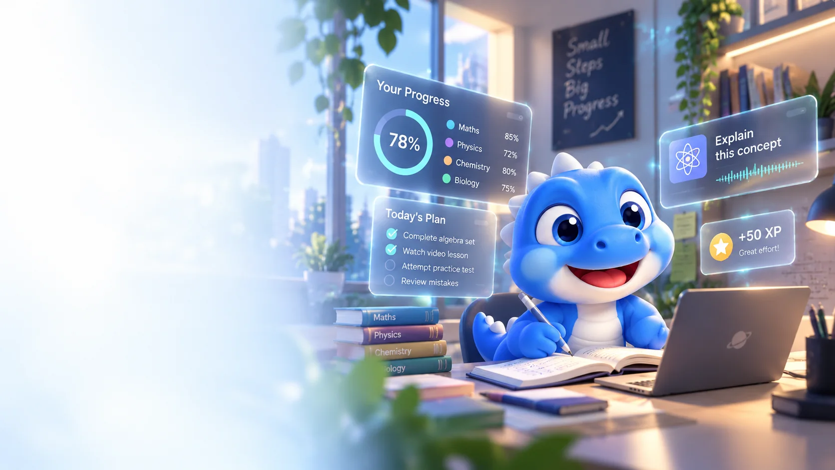 Rex the TeachVerse dinosaur studying at his desk, with progress, plan and XP cards floating beside him